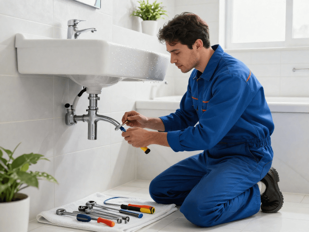 Professional plumber Fort Worth repairing a sink faucet in a bright, modern bathroom.
