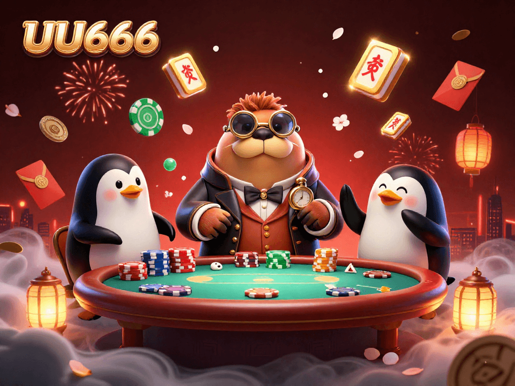 UU666 showcases a whimsical underwater poker scene featuring a walrus, penguin dealer, and pufferfish player amid floating poker chips and festive elements.