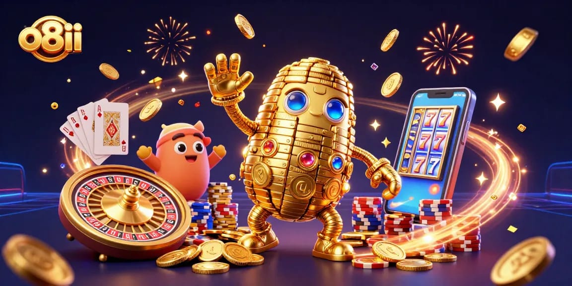 Spin the reels and win big at o8ii with a vibrant 3D casino illustration featuring gold coins and slot symbols.