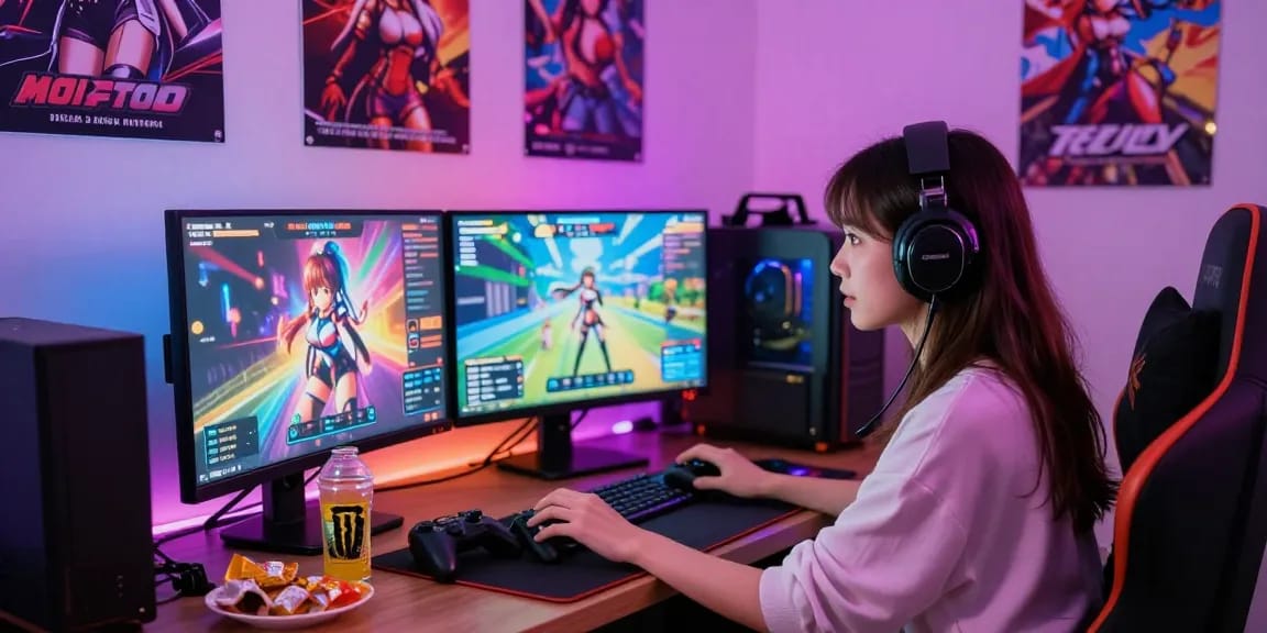 Enjoying immersive hentai games in a vibrant gaming room.