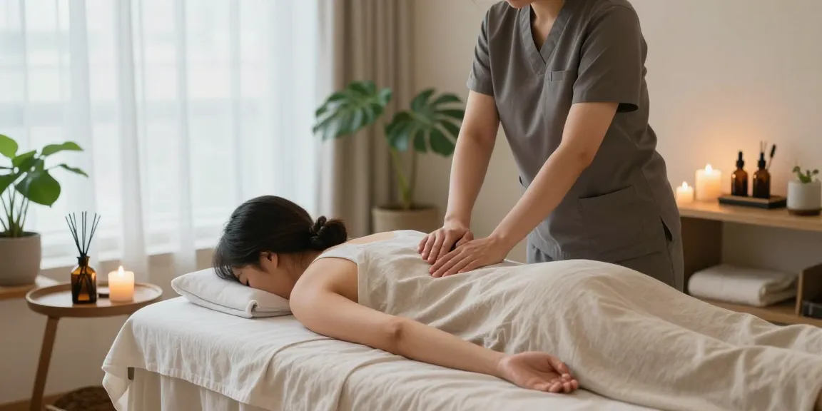 Relaxation during 서울출장안마 in a calming massage studio with essential oils and soothing ambiance.