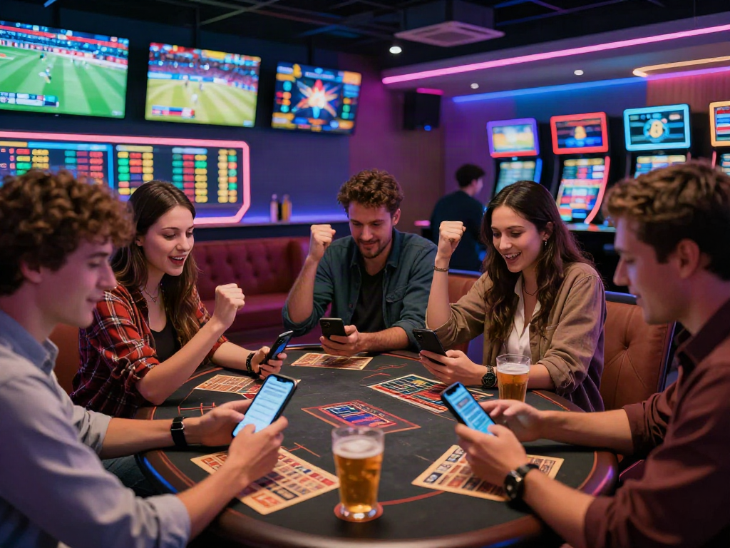 토토사이트 검증 먹튀스팟 gathering friends enjoying live sports betting in modern lounge.