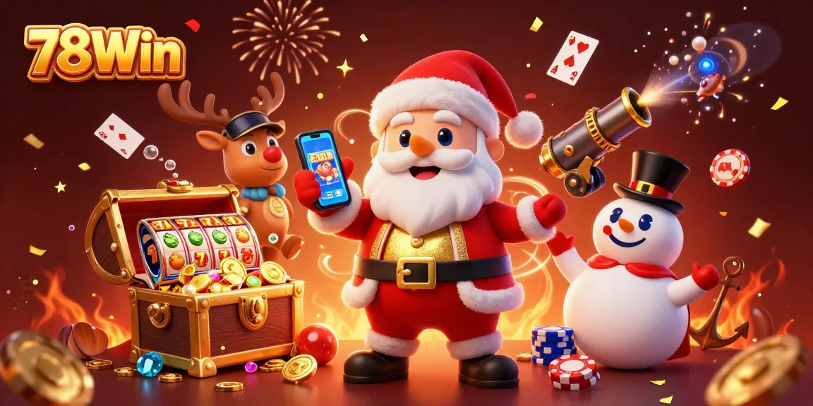 Experience thrilling wins at 78Win: festive 3D casino illustration featuring Santa, reindeer, and snowman.