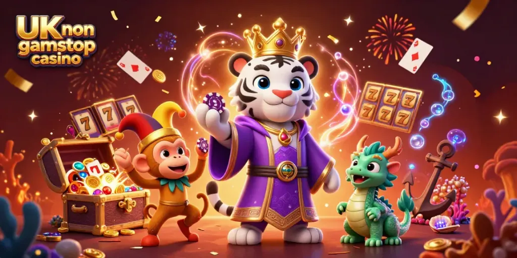 Engage with the UK non gamstop casino theme illustrated by a vibrant scene featuring a tiger and a monkey.