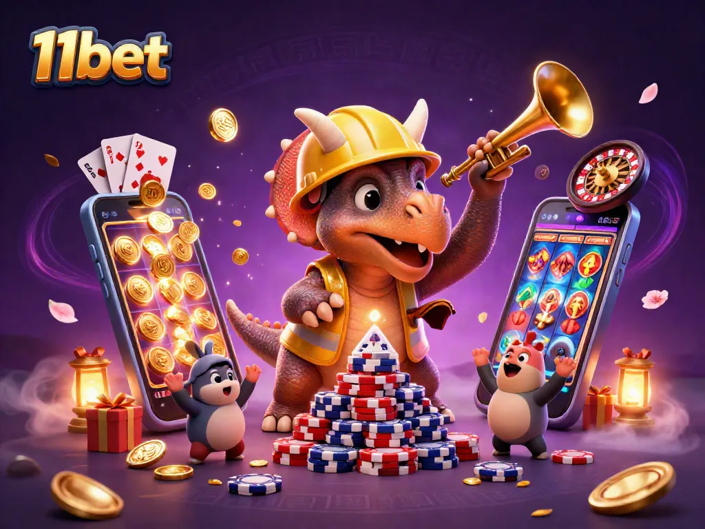 Join the excitement at 11bet while a triceratops cheers casino victories with vibrant games.