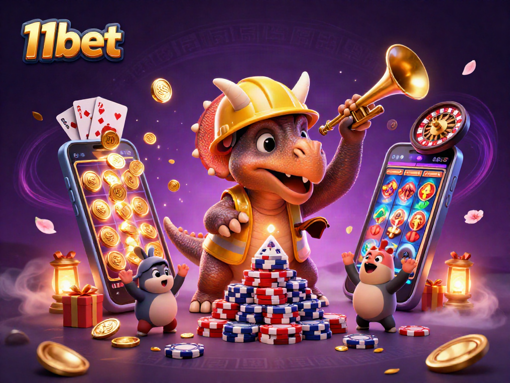 Join the excitement at 11bet while a triceratops cheers casino victories with vibrant games.