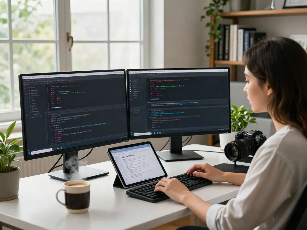 Web developer using instant indexing tools in a modern workspace