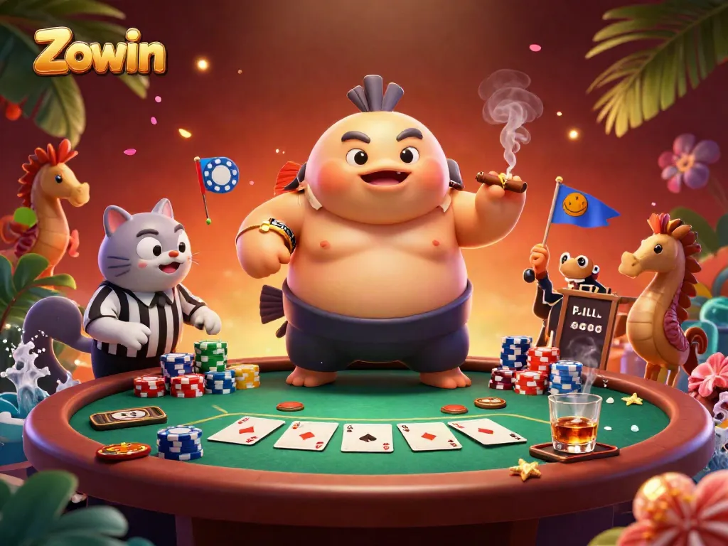 Engage with Zowin's thrilling underwater poker scene featuring a blowfish and playful spectators.