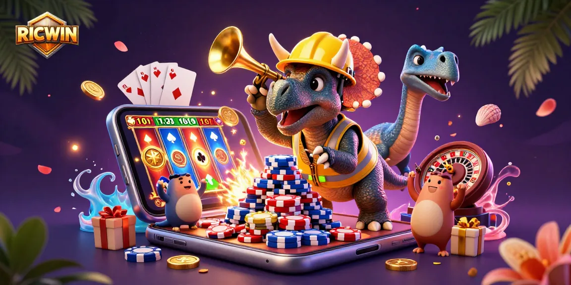 Join RICWIN in a vibrant casino scene celebrating wins with a triceratops and entourage.