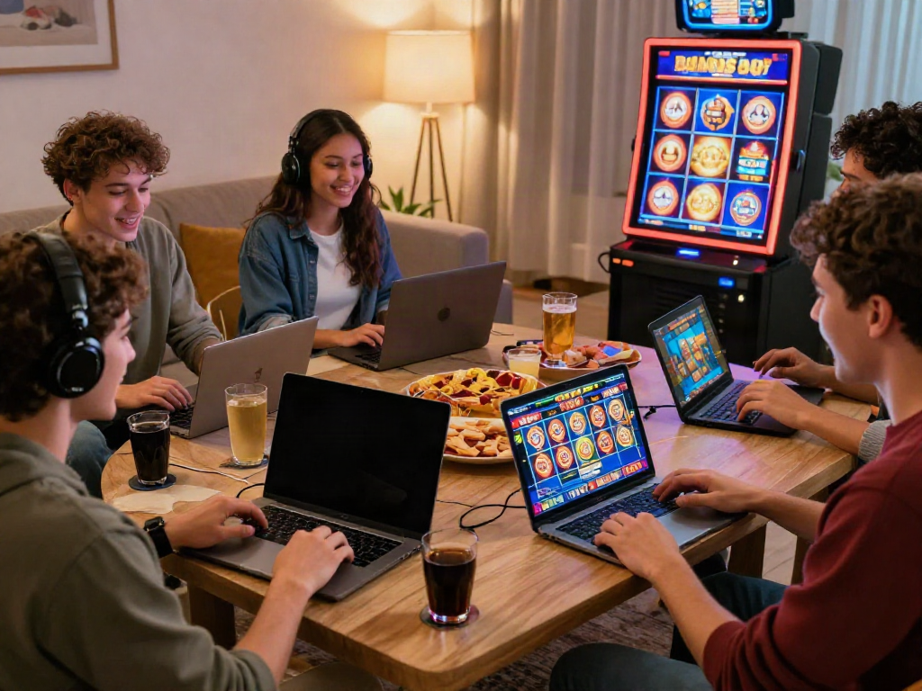Group of friends enjoying Bonus Buy Slots while playing on laptops and mobiles at home, highlighting exciting gameplay.