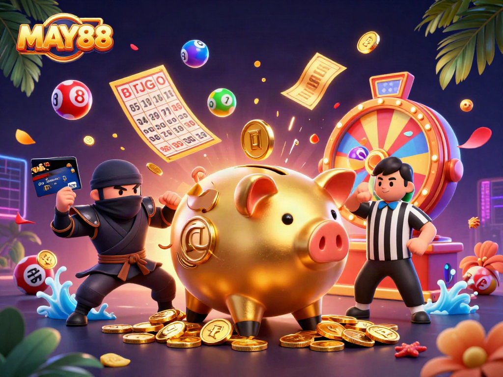 MAY88's vibrant piggy bank sumo wrestling with cash elements showcasing lottery excitement and casino fun.