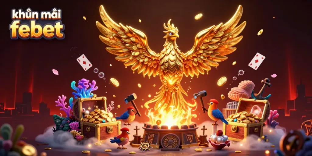 Experience exciting khuyến mãi febet in a vibrant 3D casino scene with golden treasures and games.