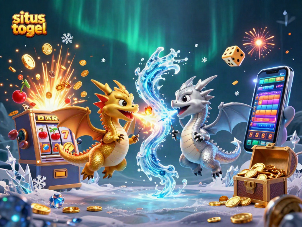 Engage with situs togel as twin cartoon dragons battle for fortune amid a vibrant casino scene.
