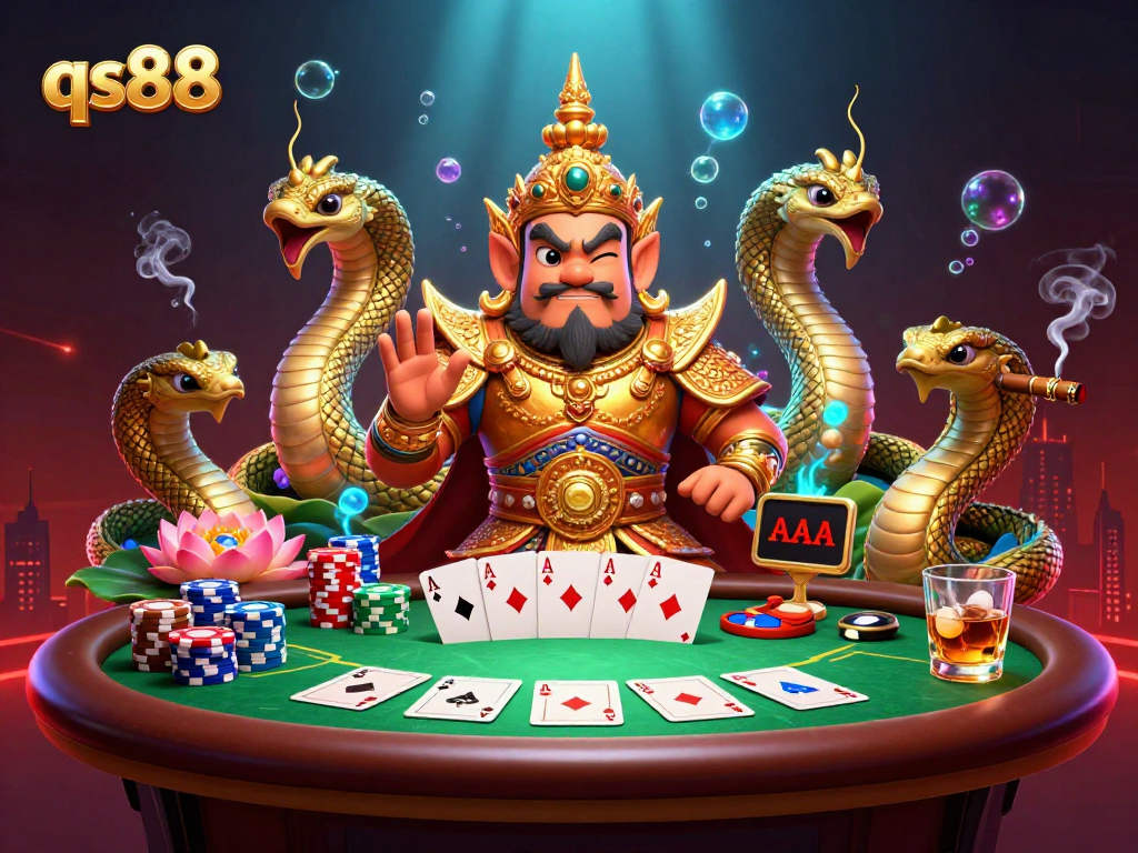 qs88 fantasy poker scene featuring a Thai temple guardian and vibrant gambling elements