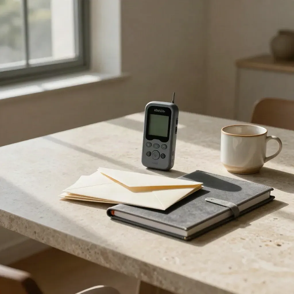 Audit kit on a stone table by window: energy meter, binder, envelopes and mug.