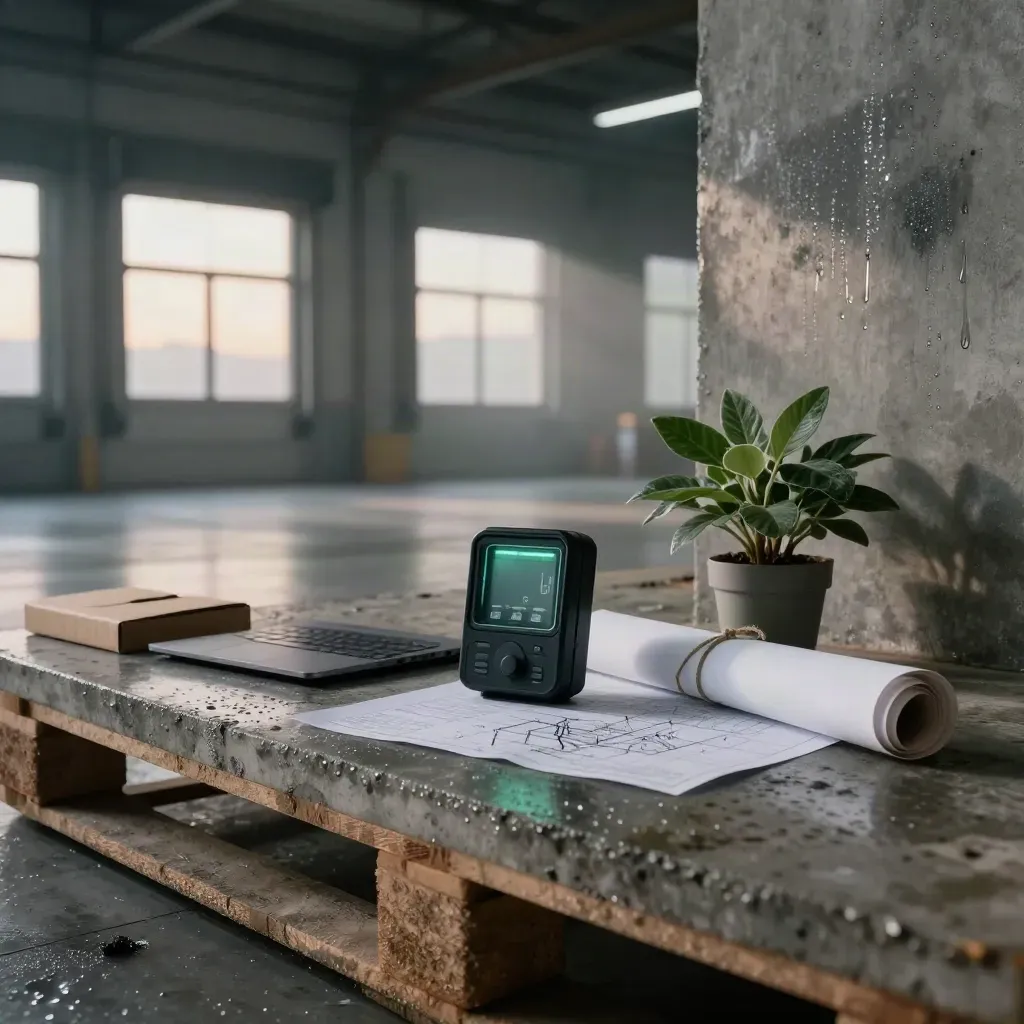 Dawn-lit warehouse mezzanine with carbon audit tools, closed laptop and packaging in misty industrial light.