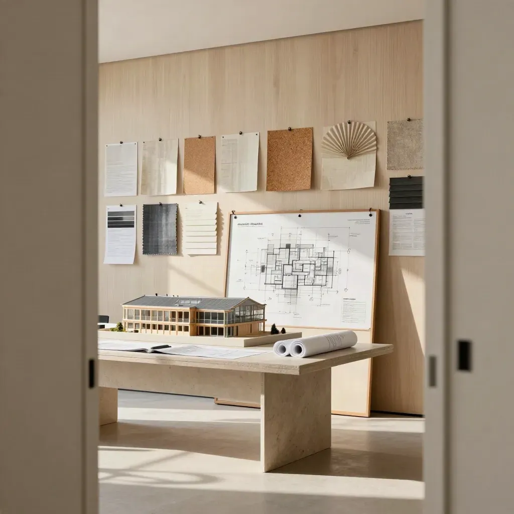 Bright strategy meeting room with swatches, plan board and building model in late-afternoon light.