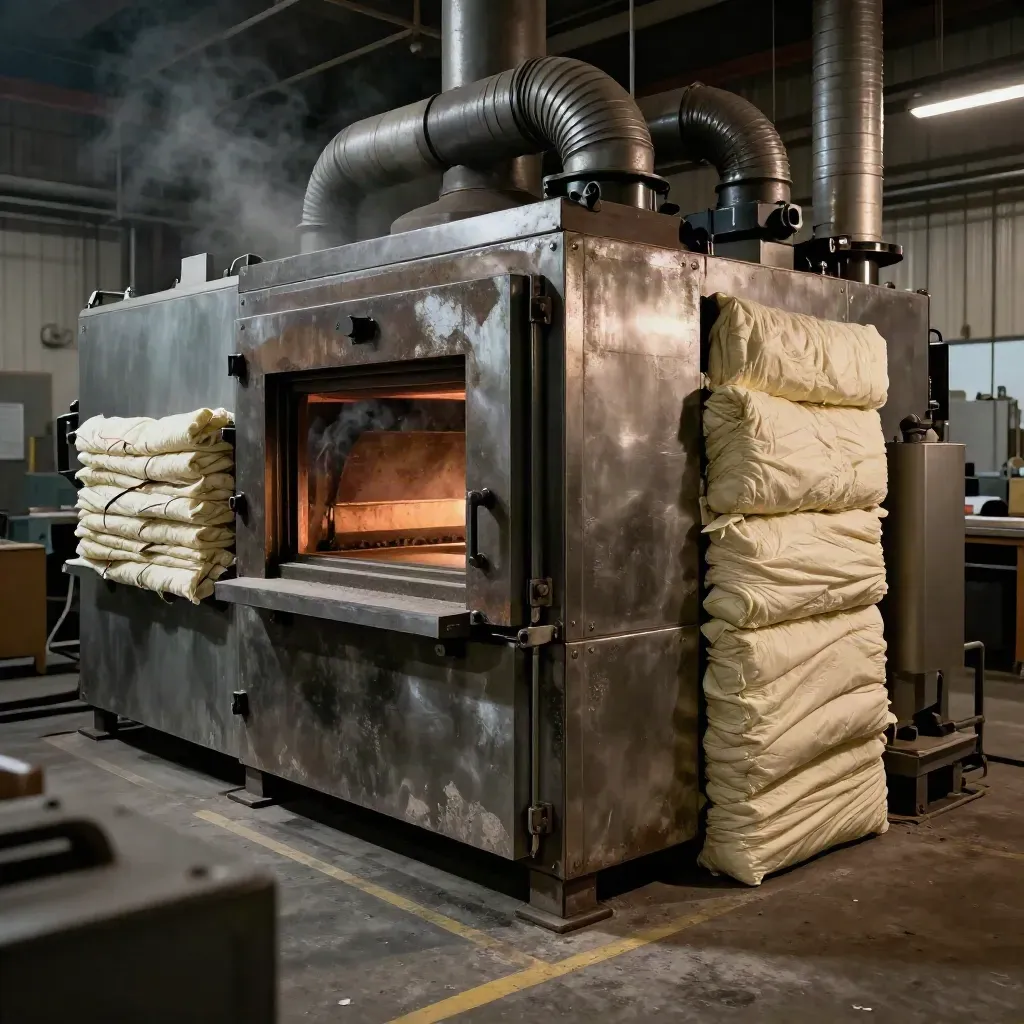 Gas-fired oven corner in a factory, with ducting, insulation samples, and heat shimmer.