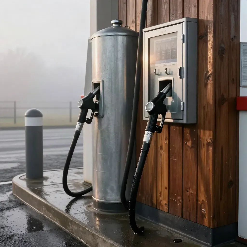 Fuel nozzle and fleet key cabinet beside a depot tank in cold dawn mist