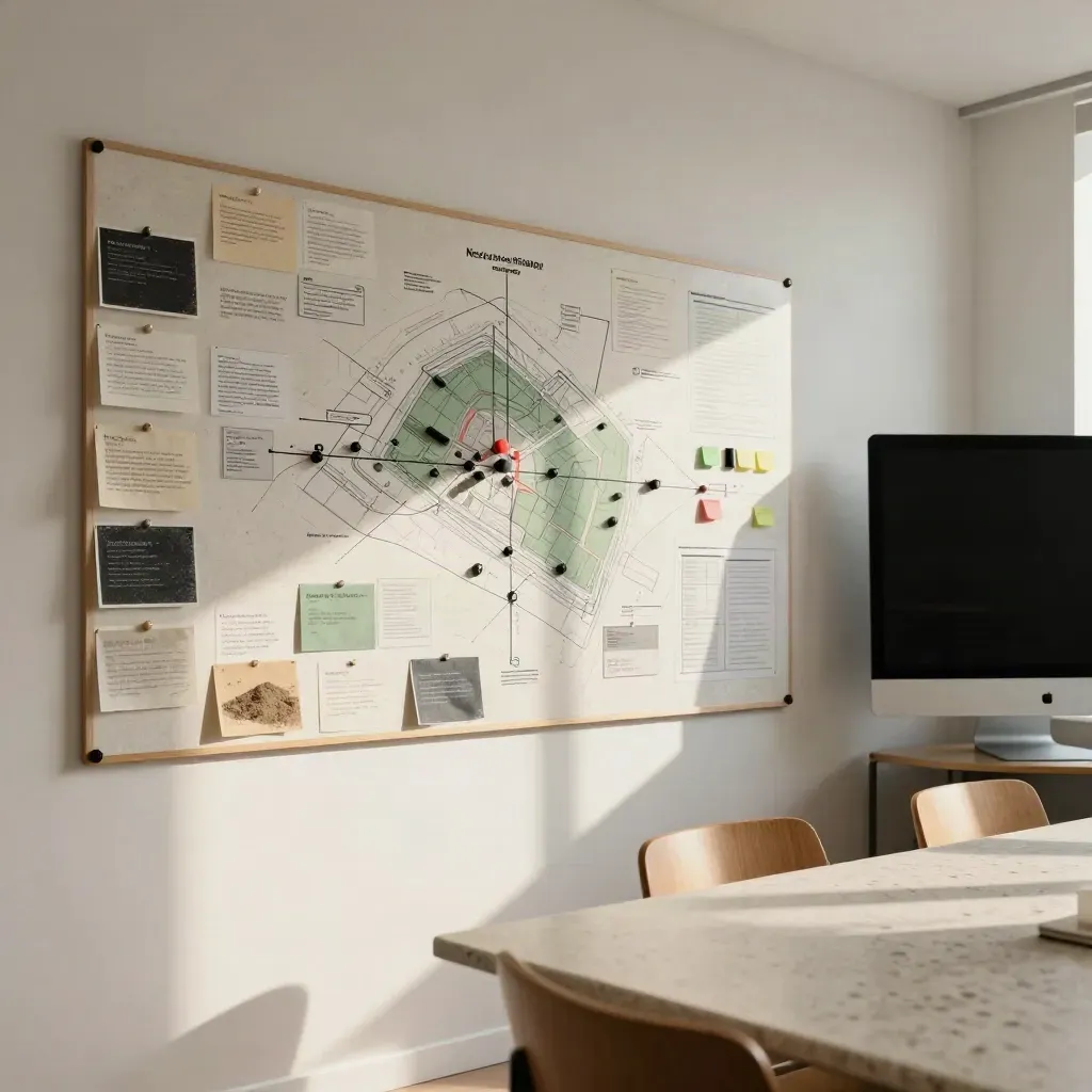 Strategy wall with material chips, floor-plan board and turned-away monitor in sunlit meeting room.