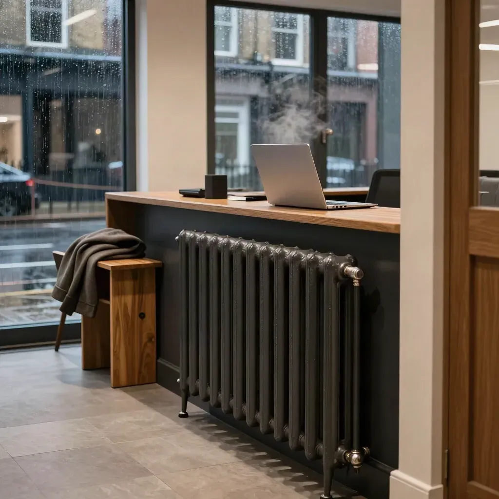 London office reception with radiator, closed laptop, and rain-beaded windows at dusk.