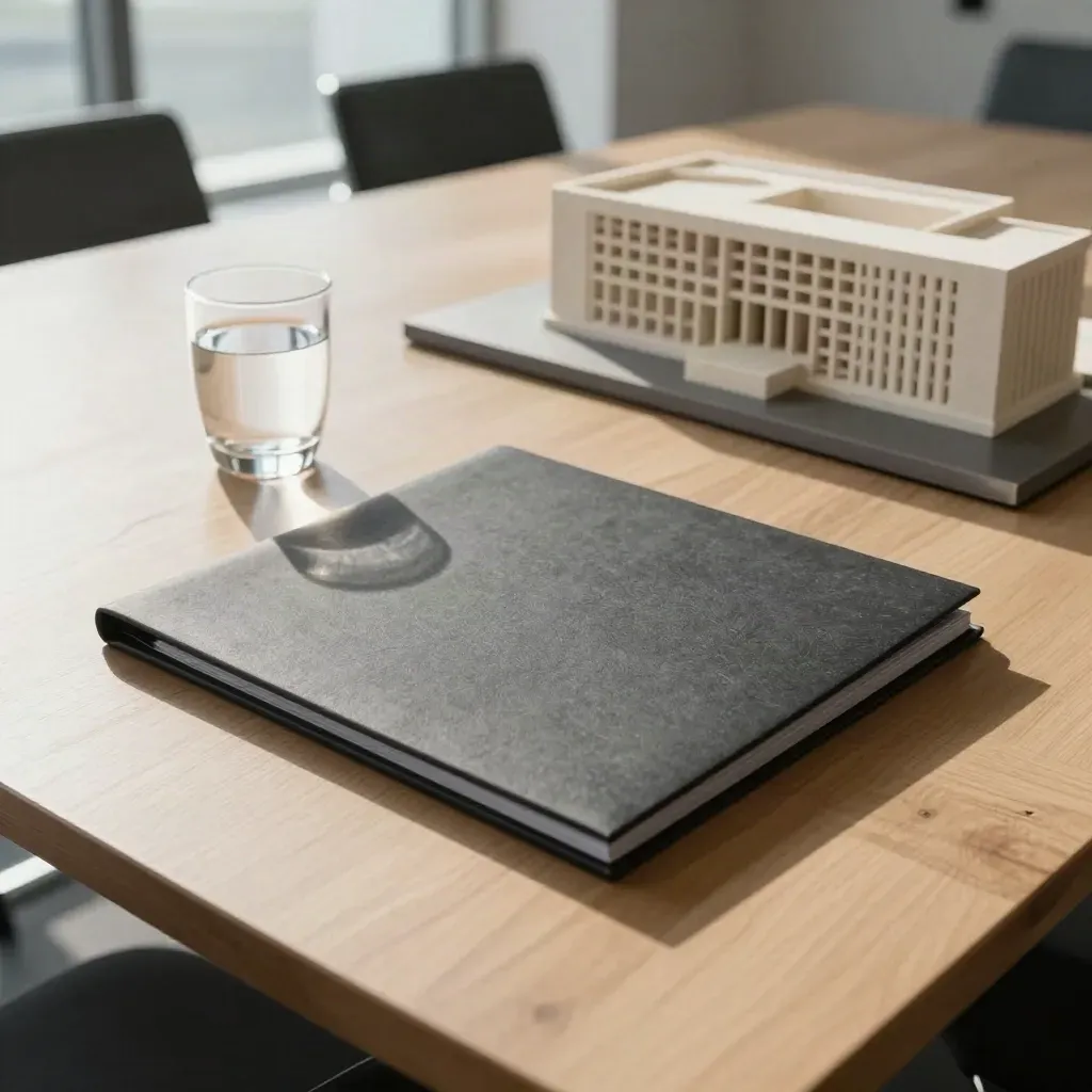 Boardroom folder, water glass and architectural model on a bright conference table.