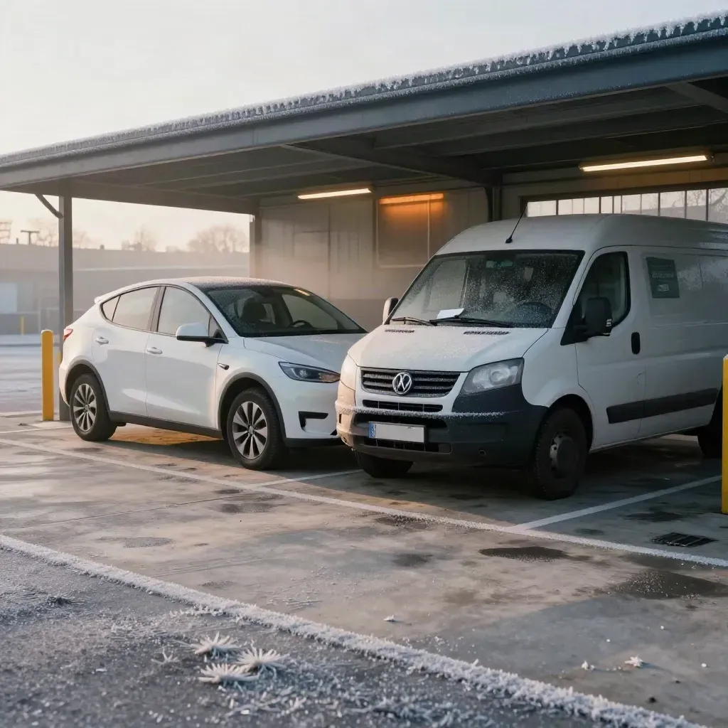 White EV and diesel van in a frosty depot bay, with a wallet on the dash and warm haze.