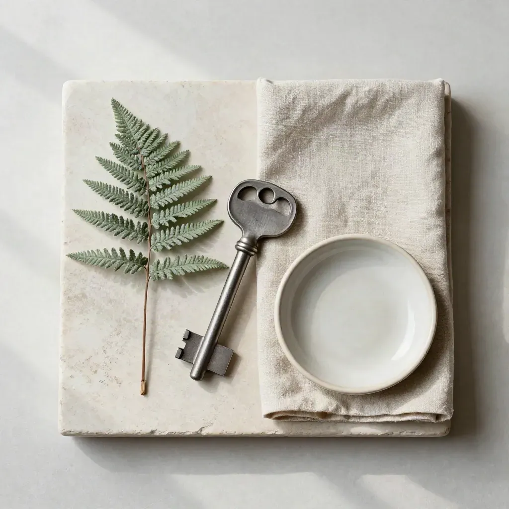 Utility meter key with fern, linen cloth and ceramic dish on a stone tray