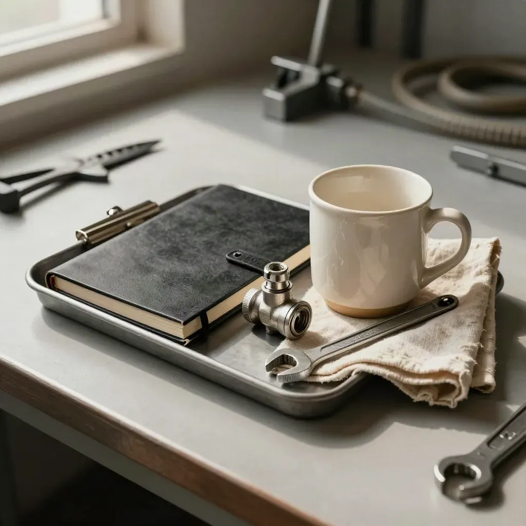 Charcoal tray with notebooks, valve fitting and ceramic cup on a pale ash workbench