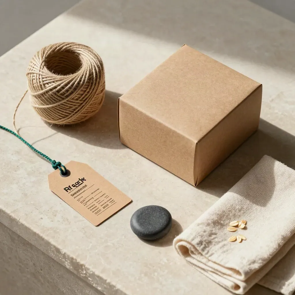 Overhead flatlay of twine, sample carton, face-down tag, paperweight and folded cloth on limestone.