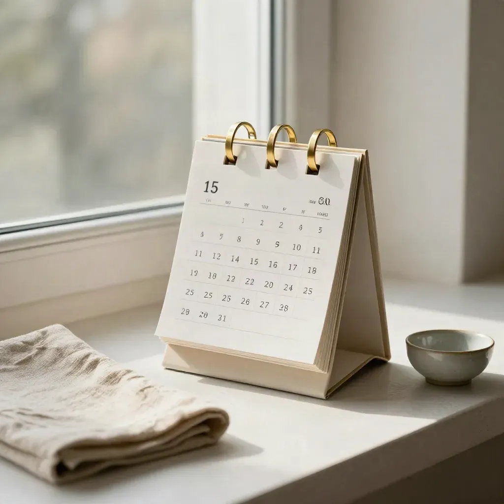 Calendar, linen, brass clips and ceramic bowl on a pale windowsill in soft morning light