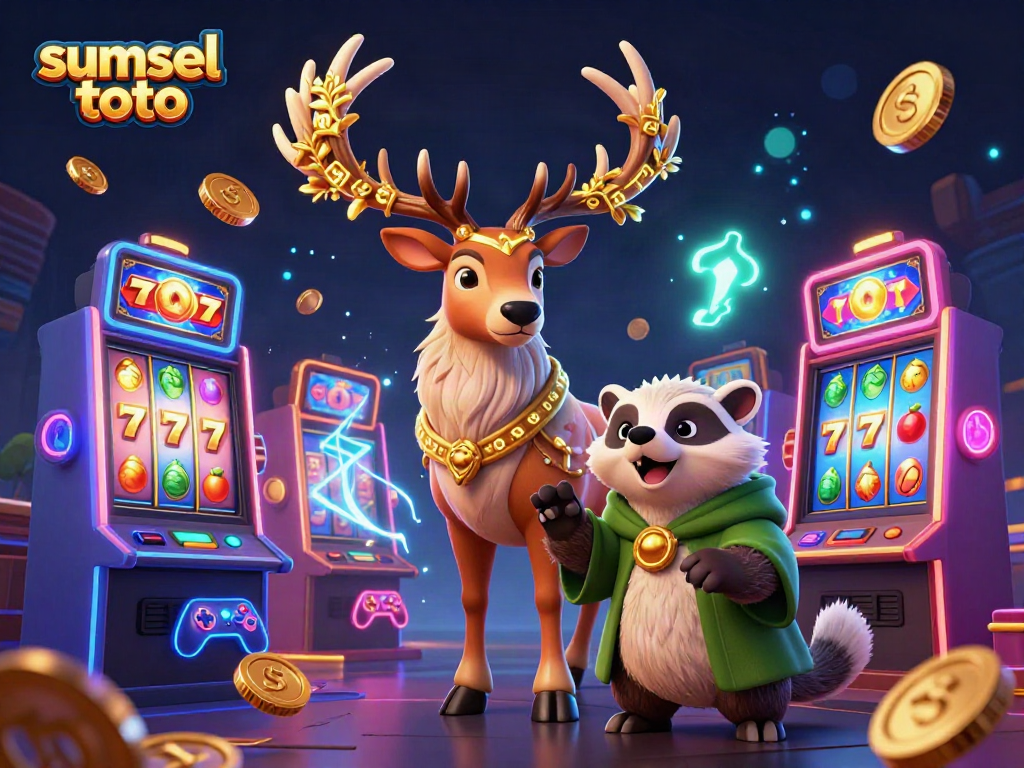 Experience the excitement of sumsel toto gaming with this vibrant 3D illustration featuring mythical characters and dynamic slot machines.