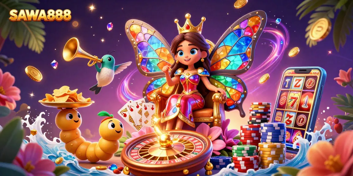 Engage with SAWA888's magical slots experience featuring vibrant characters, cascading coins, and dynamic game elements.