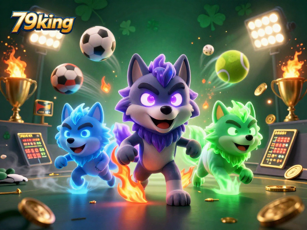 Experience thrilling sports betting with 79king showcasing dynamic elements and vibrant wolf characters.