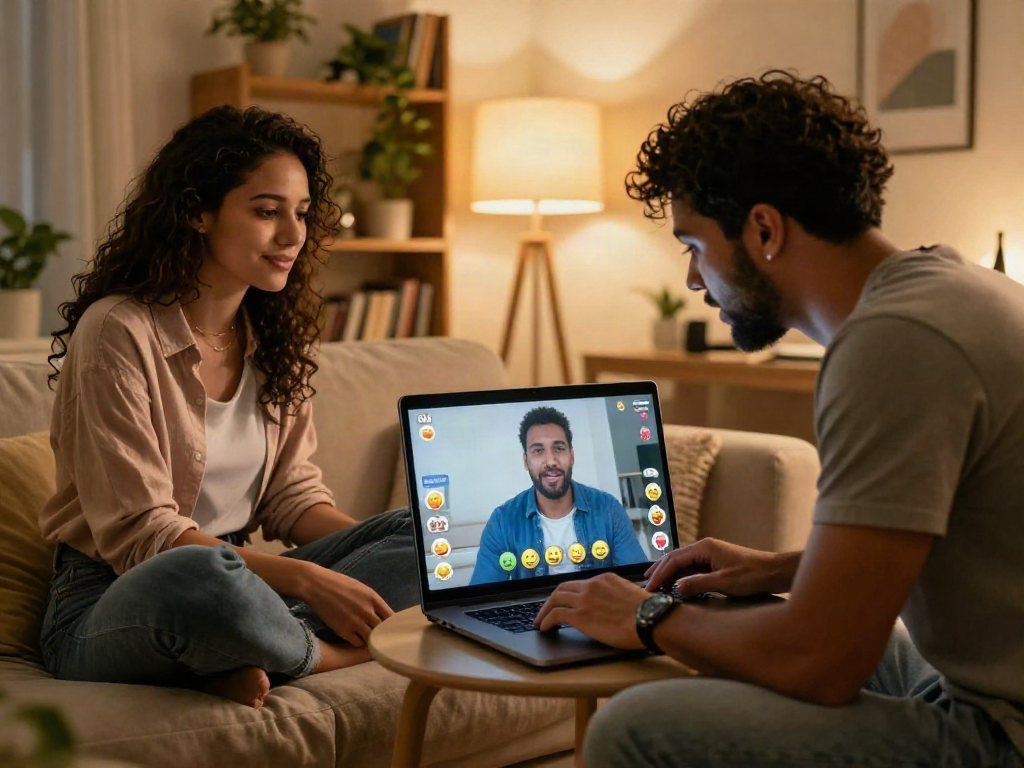Couple enjoying a lively sexchat on video call, showcasing intimate connection and home environments.