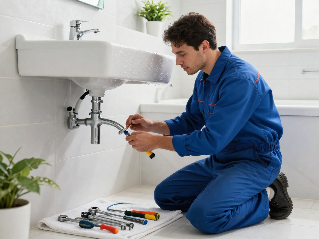 Professional plumber Fort Worth repairing a sink faucet in a bright, modern bathroom.