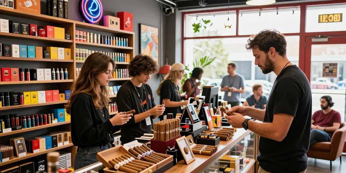Explore rokok88 products in a vibrant smoke shop, showcasing cigars and vape accessories.