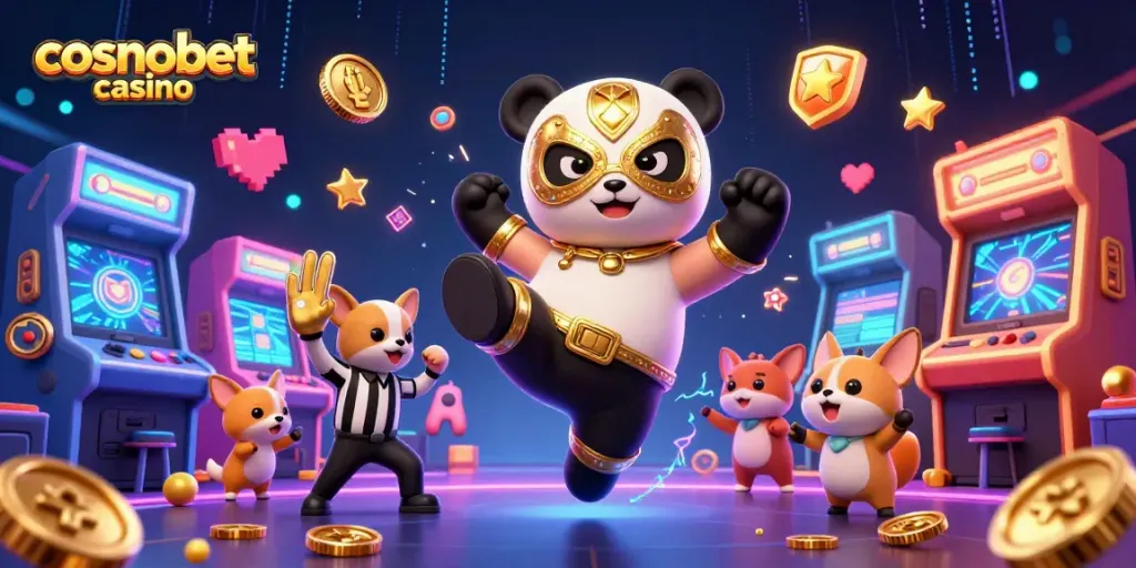 Experience excitement at cosmobet casino with a lively panda wrestler and cheering spectators.