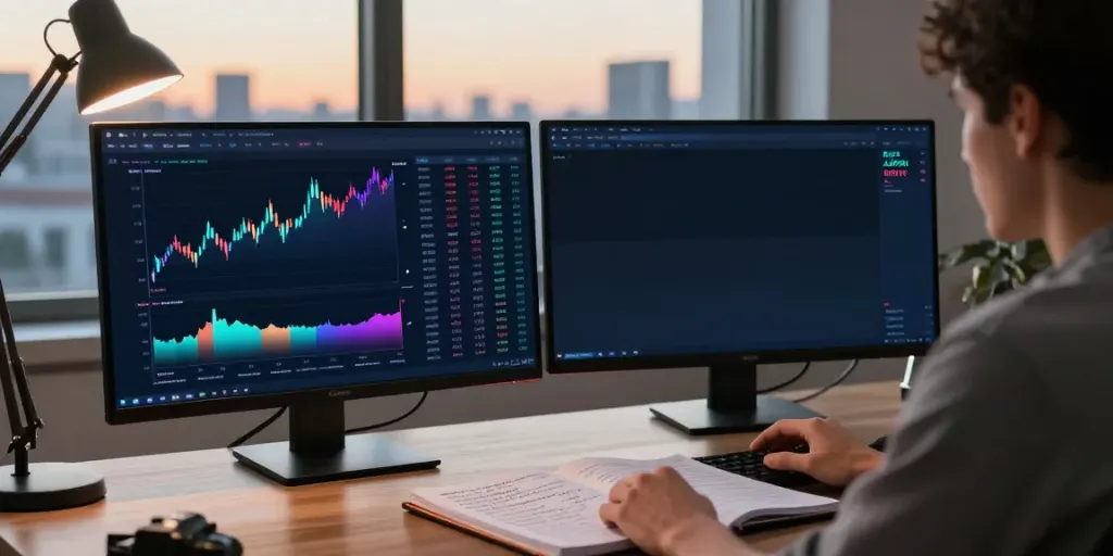 CryptoDenis YouTube-inspired trading workspace with monitors for Bitcoin analysis, DeFi dashboards, and security setups.