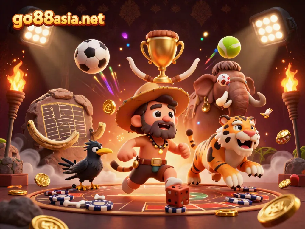 Experience the lively action at go88asia net with a vivid 3D illustration capturing a cartoon casino scene.