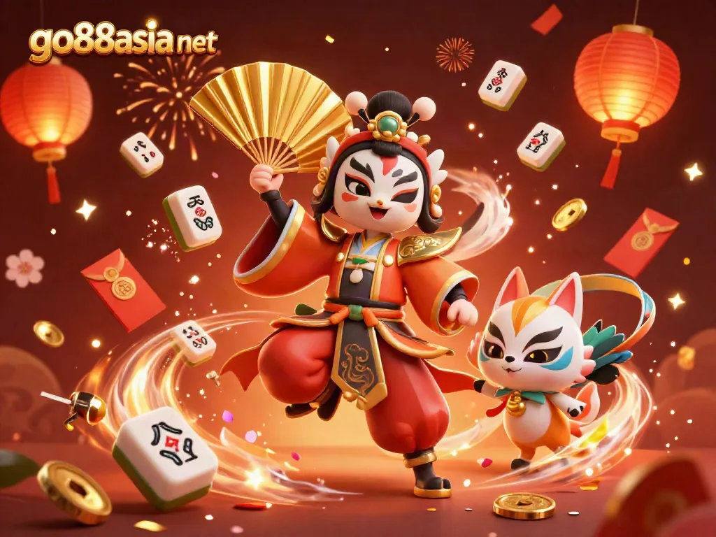 Engage in thrilling gameplay at go88asia net with an exciting illustration of a kabuki warrior and festive elements.