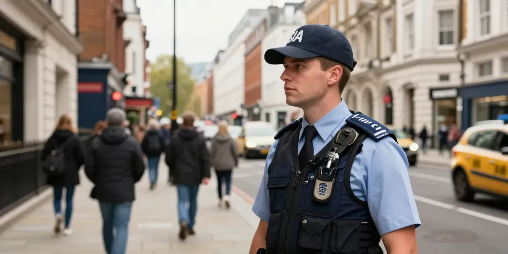 Security Guard monitoring a busy street for local community safety.