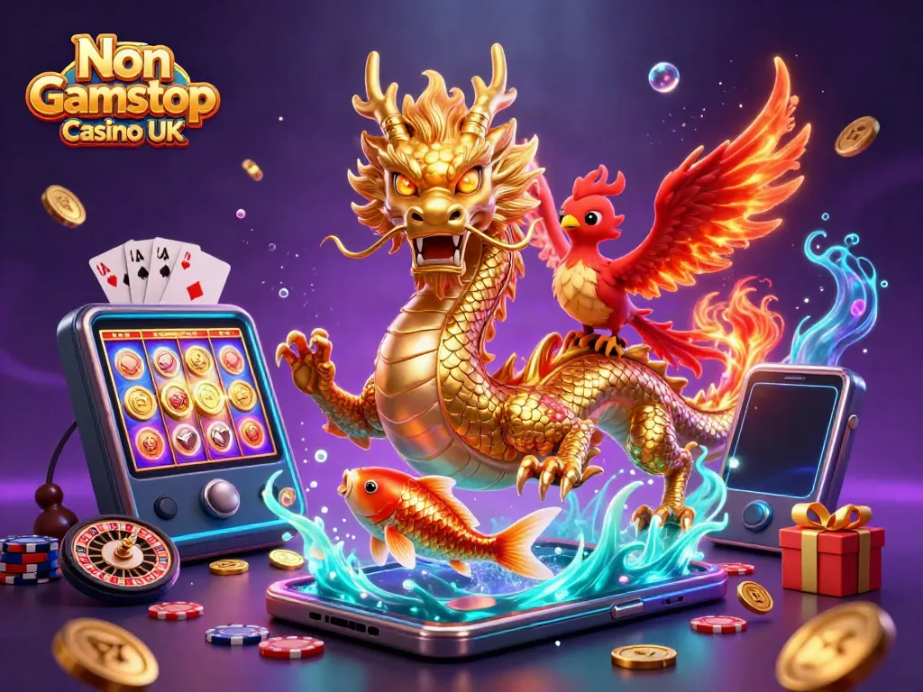Engage with Non Gamstop Casino UK featuring dynamic 3D illustrations of a golden dragon and casino elements.