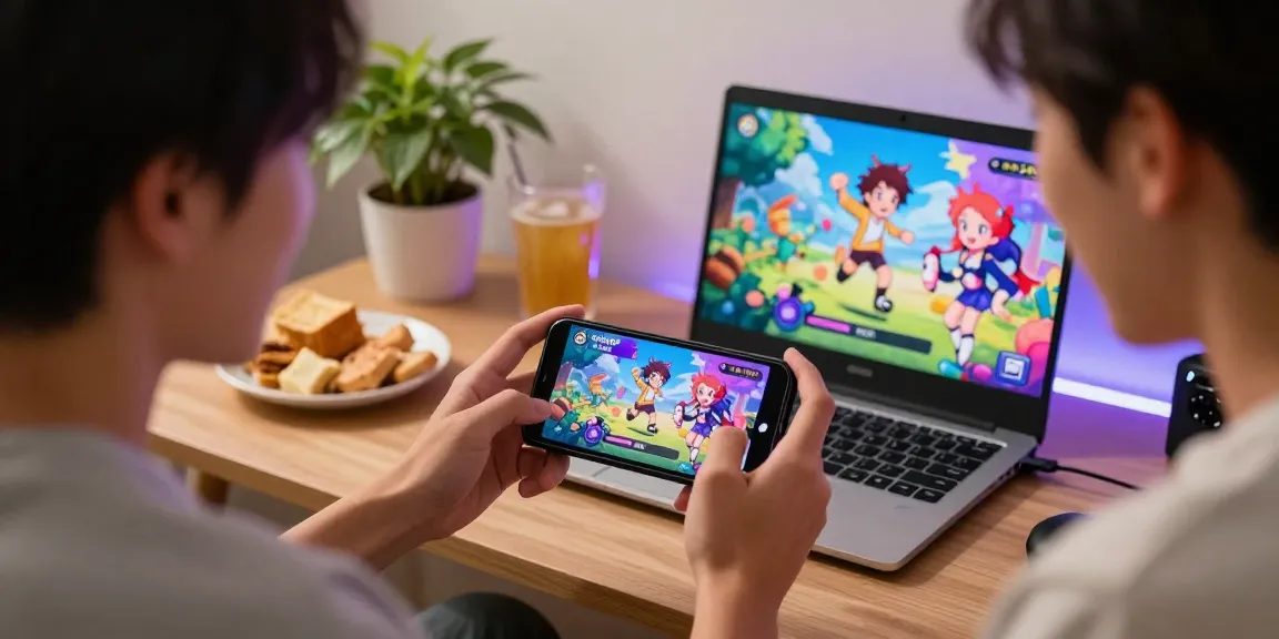 Excited player enjoying a free ecchi game on mobile surrounded by colorful game visuals.
