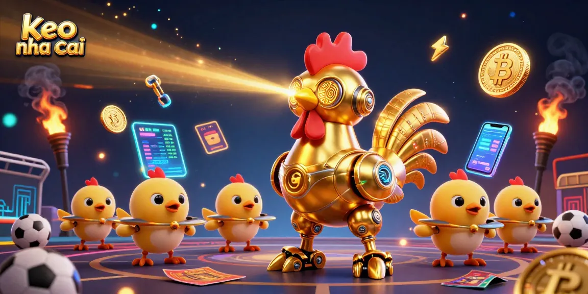 Bet on keo nha cai for thrilling sports betting action with golden rooster robot illustration