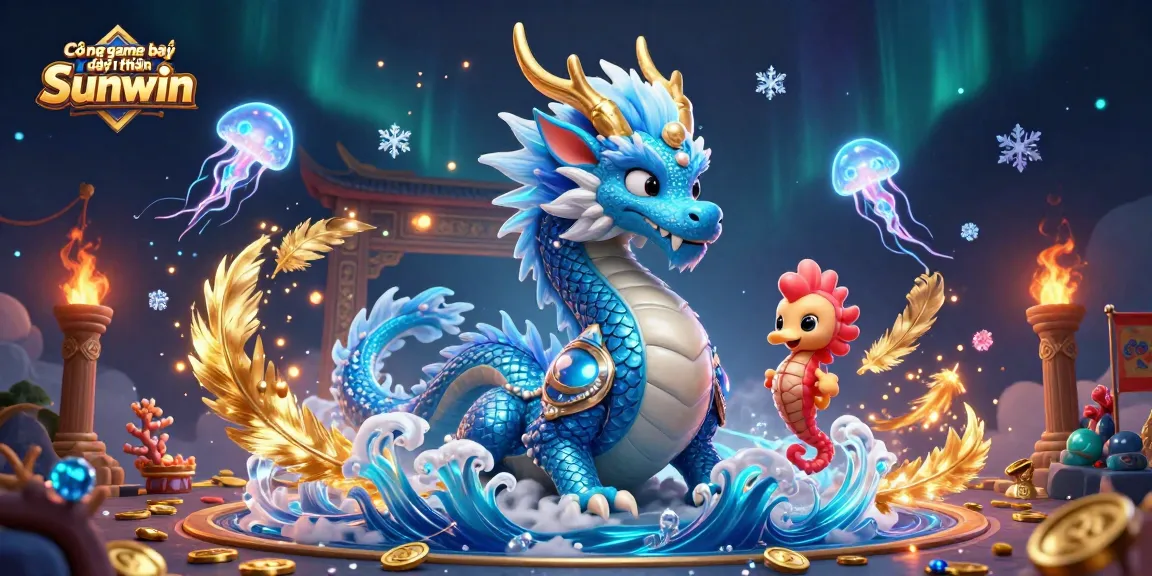 Cổng game bài đổi thưởng Sunwin showcases dynamic underwater adventure with a vibrant dragon, seahorse, and glowing jellyfish in an exciting casino setting.