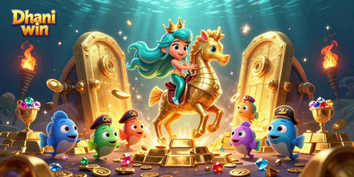 Dhani win engages players with colorful casino-themed illustration showcasing mermaids, treasure, and gaming excitement.