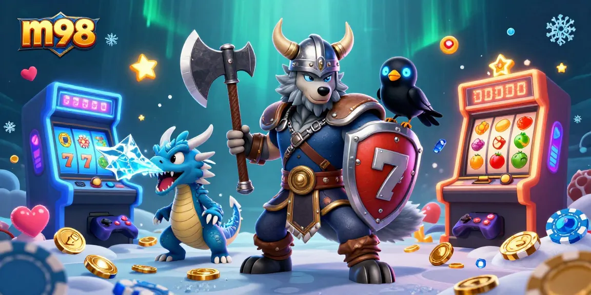 Experience thrilling m98 casino action with a Viking warrior and magical creatures in this vibrant scene.