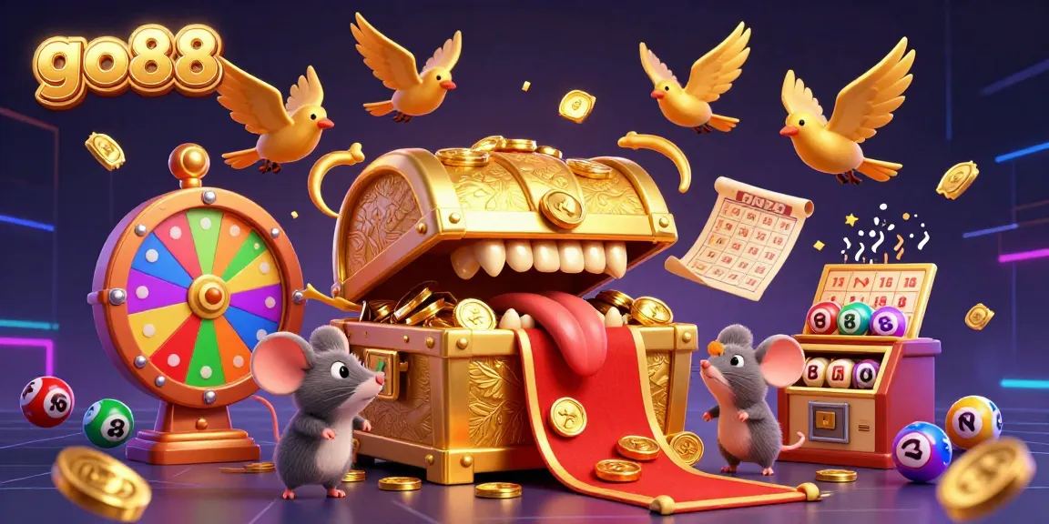 Engage in the fun at go88 with vibrant lottery balls and golden treasure chests brimming with rewards.