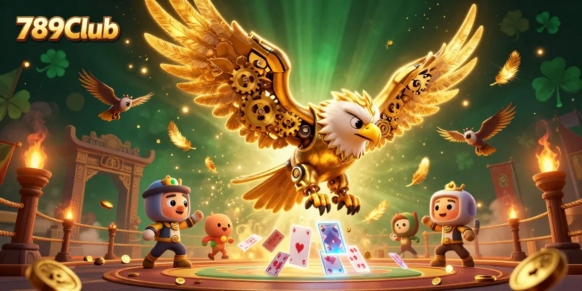 Experience the thrill of 789Club with a diving golden eagle amidst holographic cards and gold tokens.